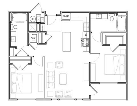 Floor plan for 2 beds, 2 baths, 995 sqft